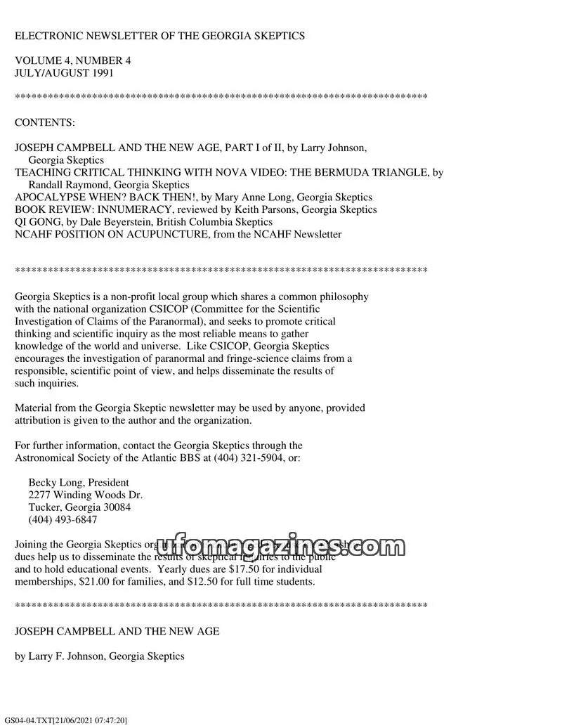 Cover of Georgia Skeptics Newsletter issue VOLUME 4, NUMBER 4: ELECTRONIC NEWSLETTER OF THE GEORGIA SKEPTICS