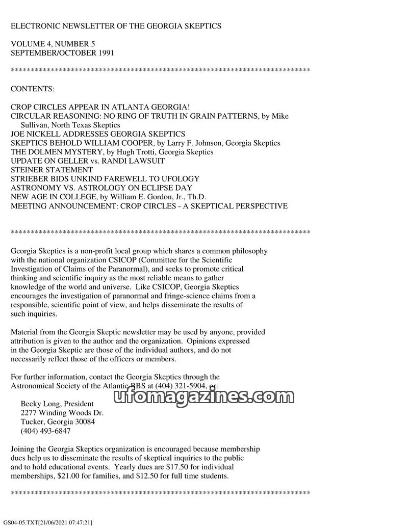 Cover of Georgia Skeptics Newsletter issue VOLUME 4, NUMBER 5: ELECTRONIC NEWSLETTER OF THE GEORGIA SKEPTICS