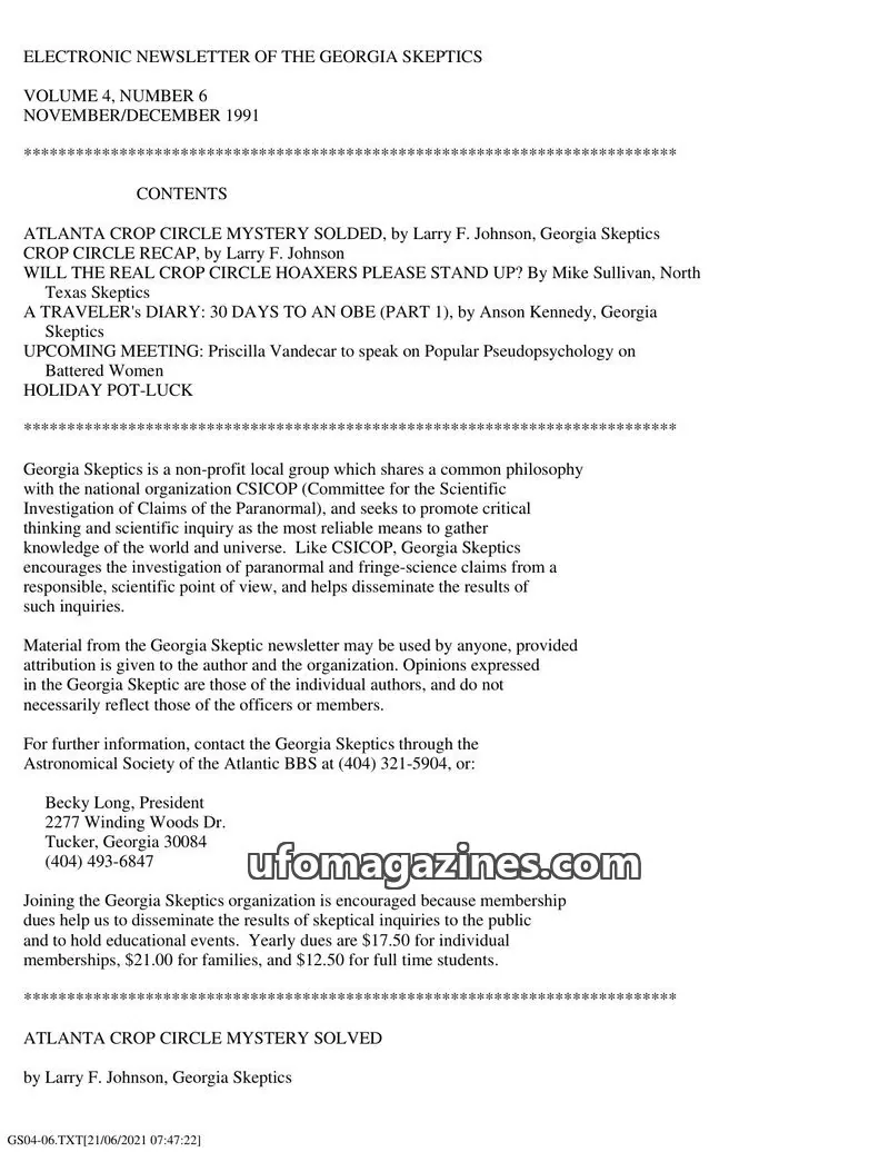 Cover of Georgia Skeptics Newsletter issue 6: ELECTRONIC NEWSLETTER OF THE GEORGIA SKEPTICS