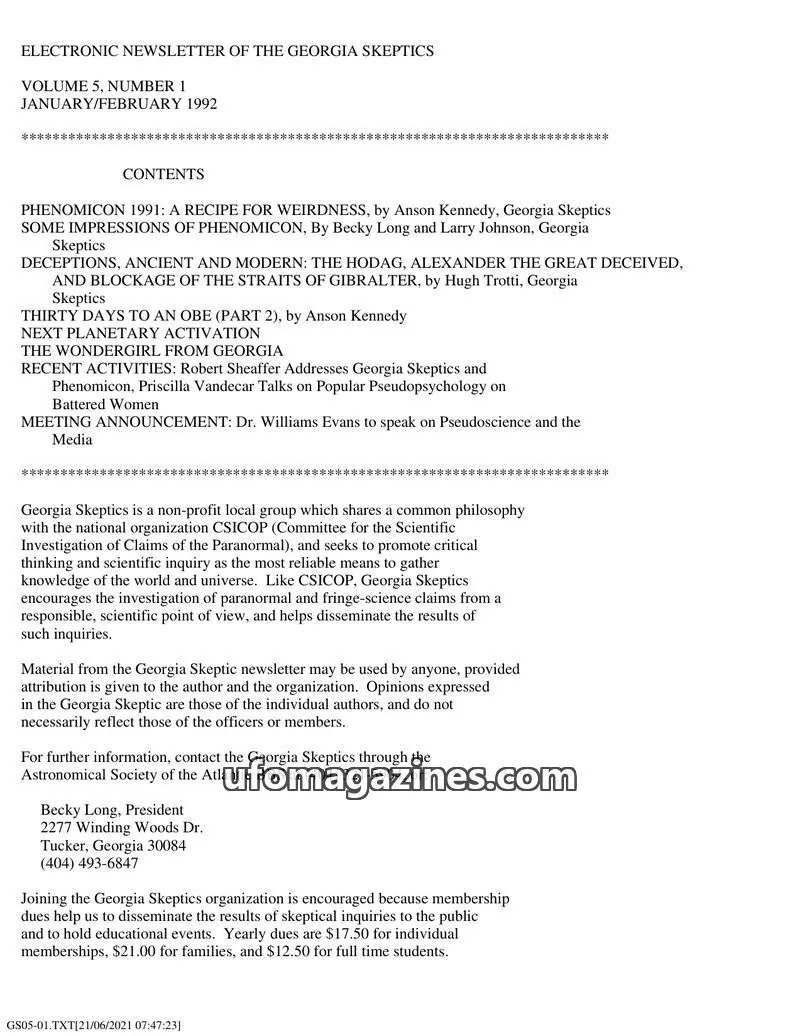 Cover of Georgia Skeptics Newsletter issue 1: ELECTRONIC NEWSLETTER OF THE GEORGIA SKEPTICS