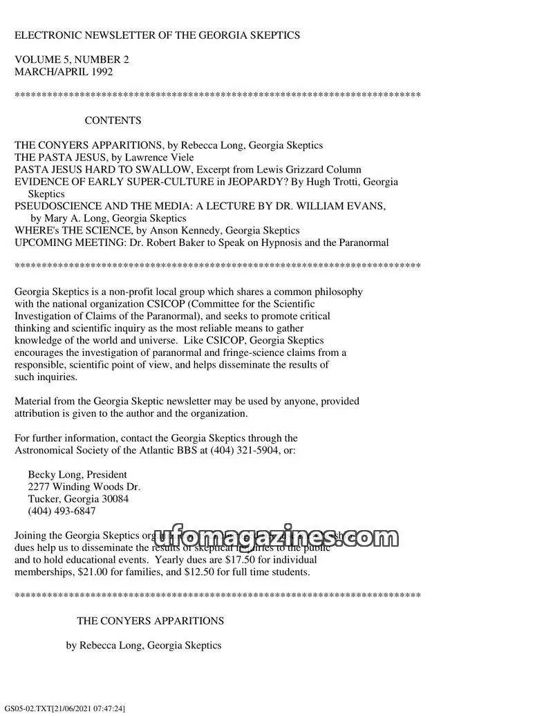 Cover of Georgia Skeptics Newsletter issue VOLUME 5, NUMBER 2: ELECTRONIC NEWSLETTER OF THE GEORGIA SKEPTICS