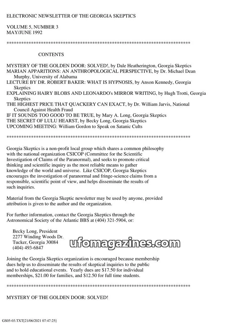 Cover of Georgia Skeptics Newsletter issue VOLUME 5, NUMBER 3: ELECTRONIC NEWSLETTER OF THE GEORGIA SKEPTICS