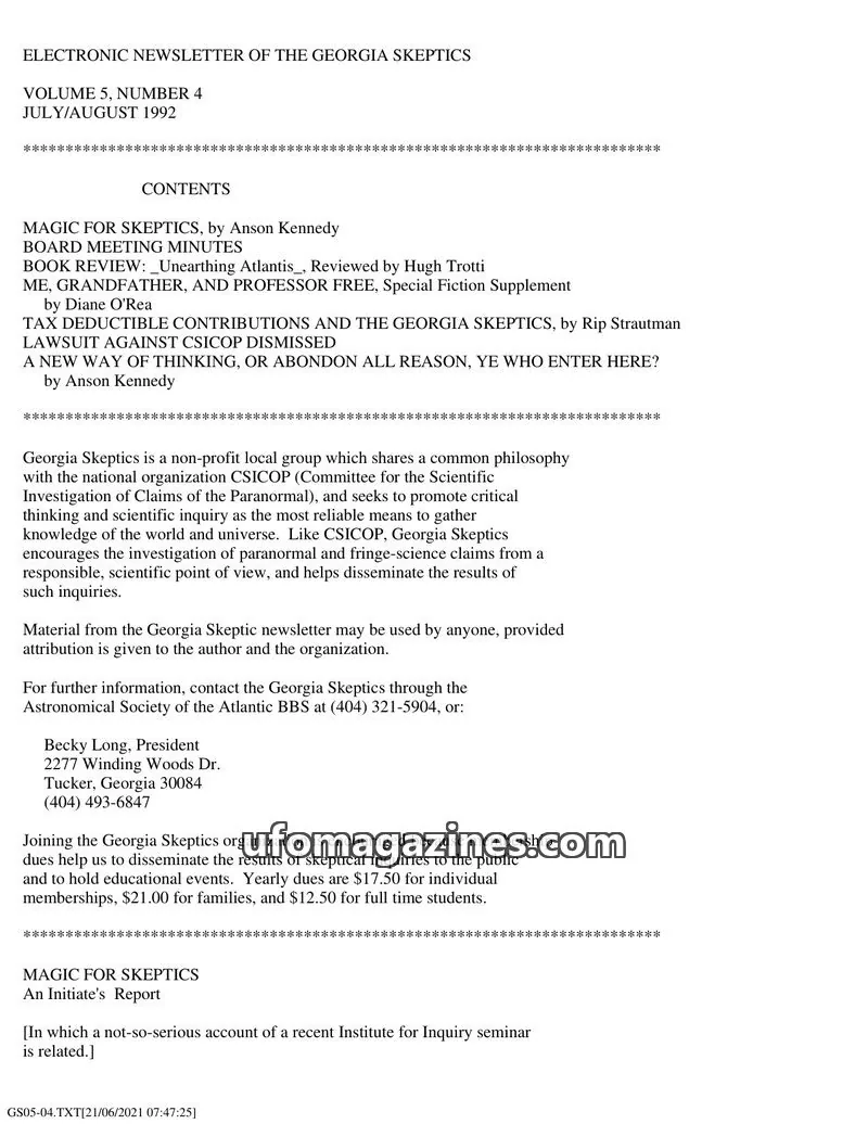 Cover of Georgia Skeptics Newsletter issue VOLUME 5, NUMBER 4: ELECTRONIC NEWSLETTER OF THE GEORGIA SKEPTICS