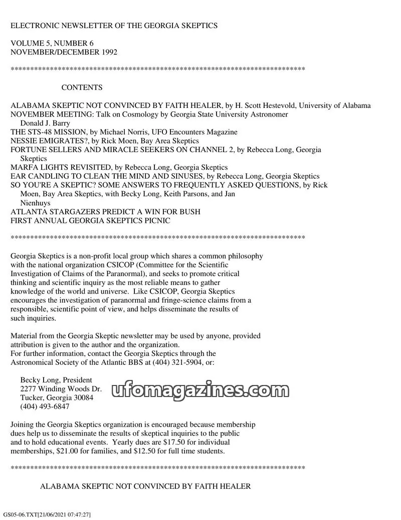 Cover of Georgia Skeptics Newsletter issue VOLUME 5, NUMBER 6: ELECTRONIC NEWSLETTER OF THE GEORGIA SKEPTICS