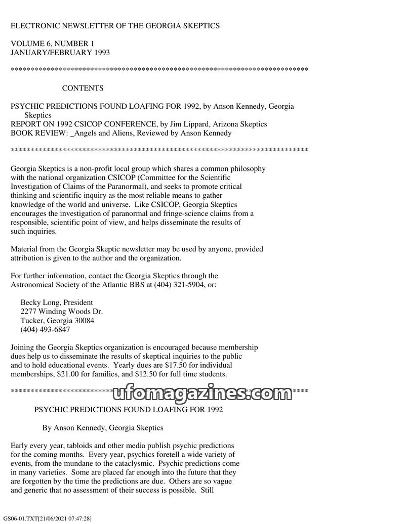 Cover of Georgia Skeptics Newsletter issue 1: ELECTRONIC NEWSLETTER OF THE GEORGIA SKEPTICS