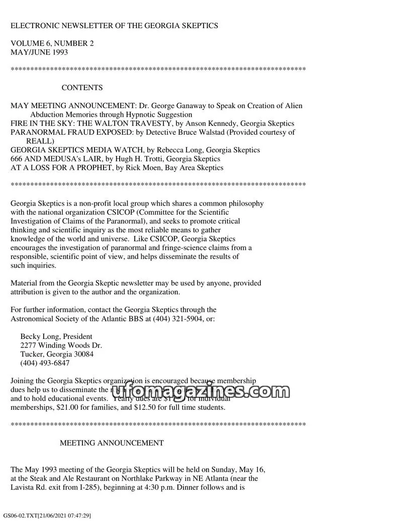 Cover of Georgia Skeptics Newsletter issue VOLUME 6, NUMBER 2: ELECTRONIC NEWSLETTER OF THE GEORGIA SKEPTICS