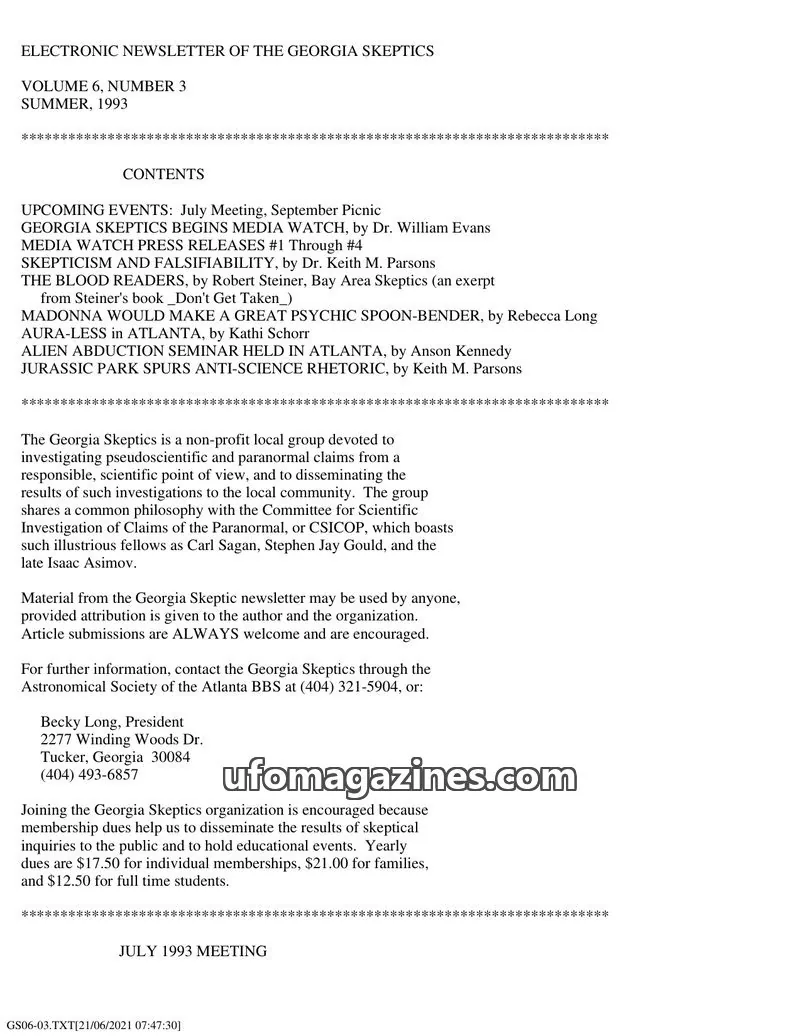 Cover of Georgia Skeptics Newsletter issue VOLUME 6, NUMBER 3: ELECTRONIC NEWSLETTER OF THE GEORGIA SKEPTICS
