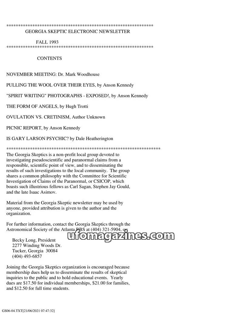 Cover of Georgia Skeptics Newsletter issue FALL 1993: GEORGIA SKEPTIC ELECTRONIC NEWSLETTER