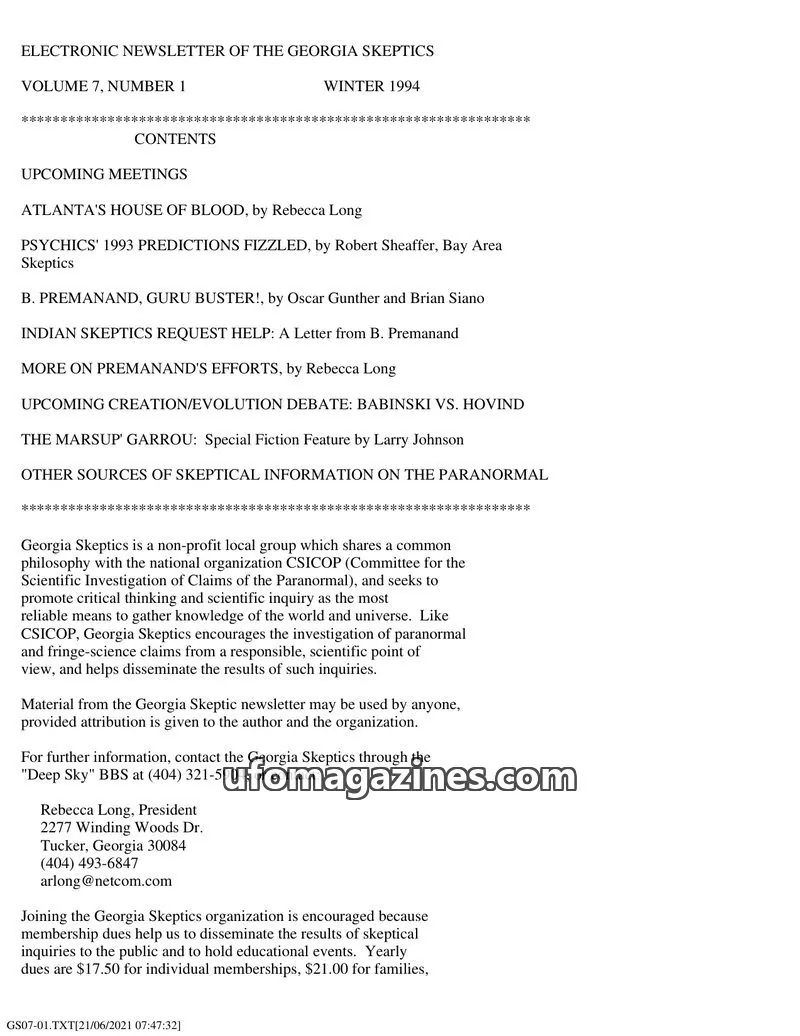 Cover of Georgia Skeptics Newsletter issue VOLUME 7, NUMBER 1: ELECTRONIC NEWSLETTER OF THE GEORGIA SKEPTICS