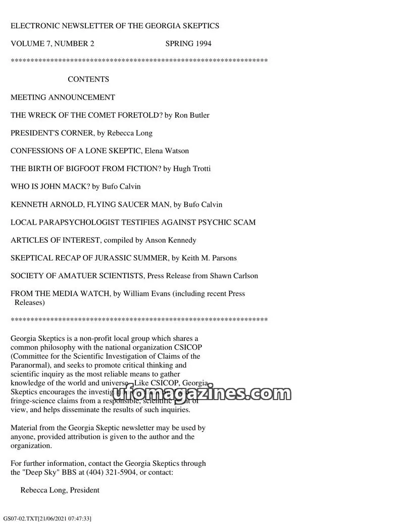 Cover of Georgia Skeptics Newsletter issue VOLUME 7, NUMBER 2: ELECTRONIC NEWSLETTER OF THE GEORGIA SKEPTICS