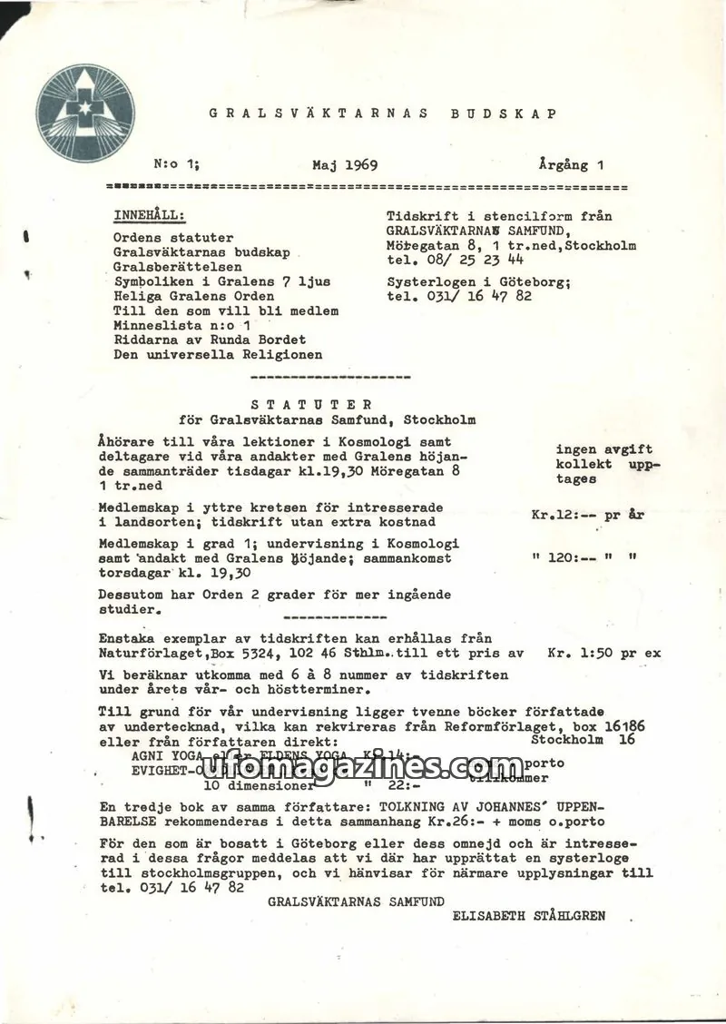 Cover of Gralsvaktarnas budskap issue 1: GRALSVÄKTARNAS BUDSKAP