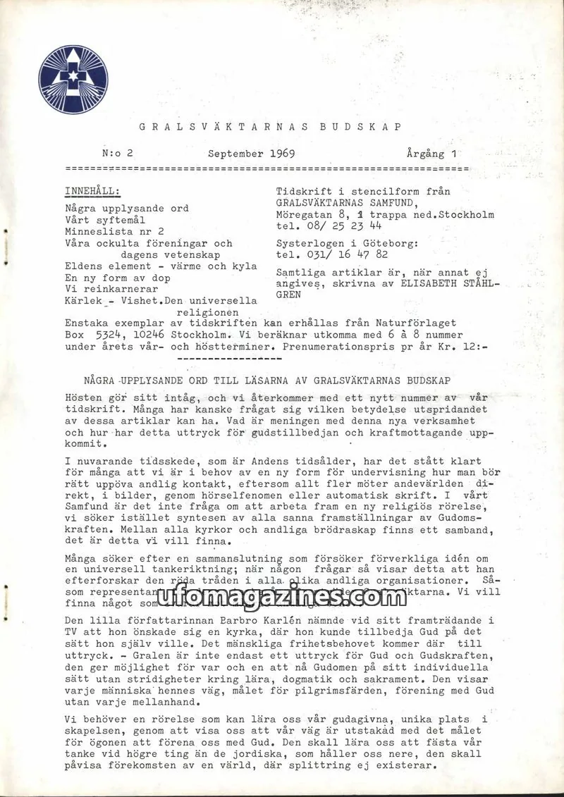 Cover of Gralsvaktarnas budskap issue 2: GRALSVÄKTARNAS BUDSKAP