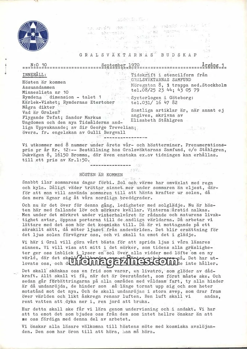 Cover of Gralsvaktarnas budskap issue 10: GRALSVÄKTARNAS BUDSKAP