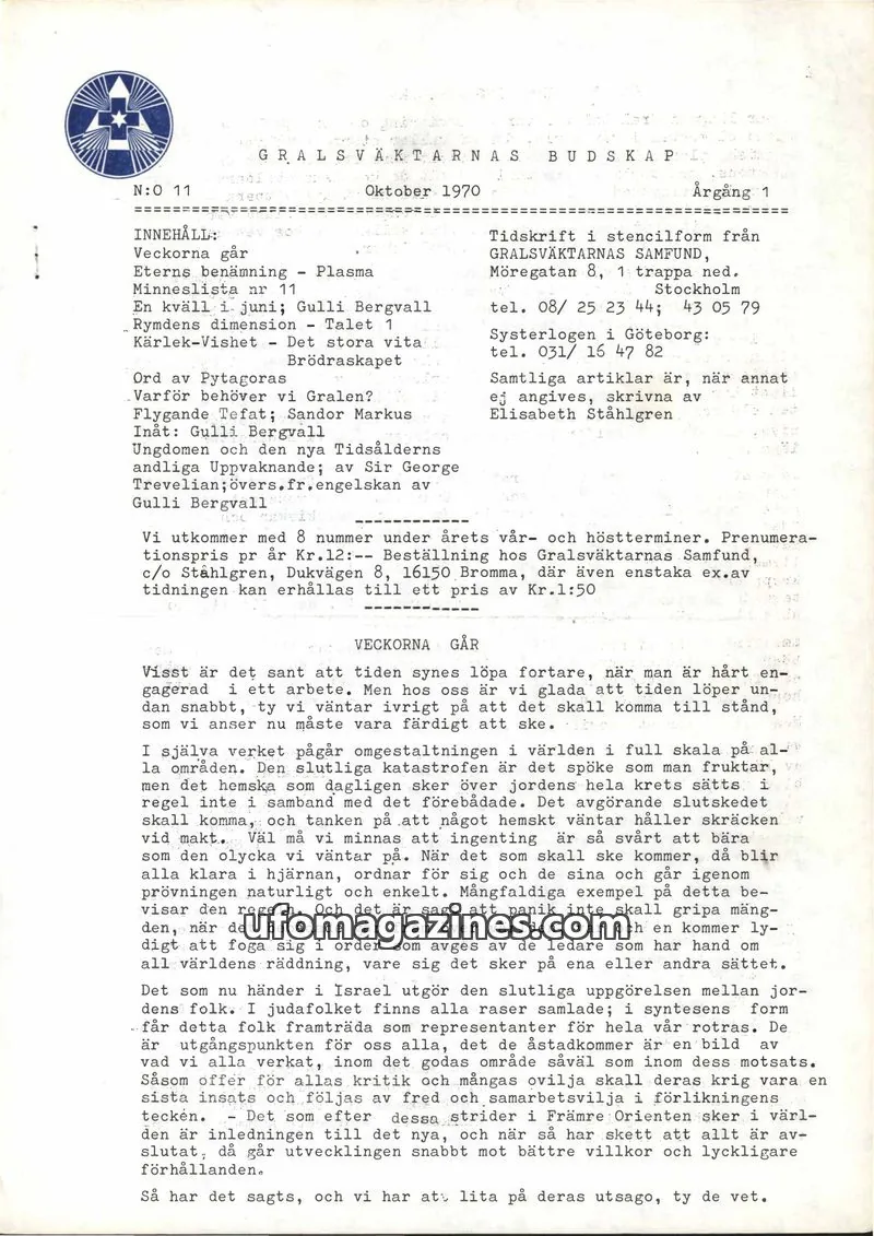 Cover of Gralsvaktarnas budskap issue 11: GRALSVÄKTARNAS BUDSKAPI