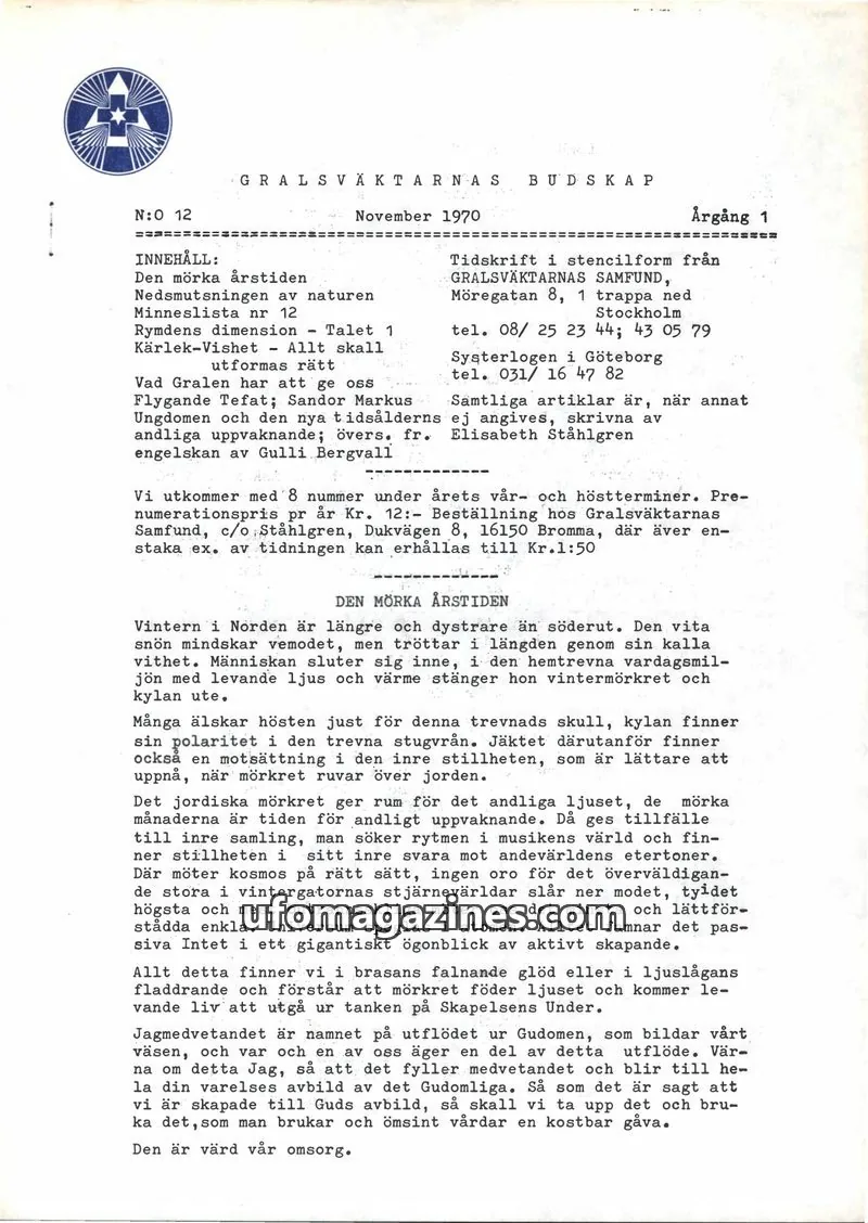 Cover of Gralsvaktarnas budskap issue 12: GRALSVÄKTARNAS BUDSKAP