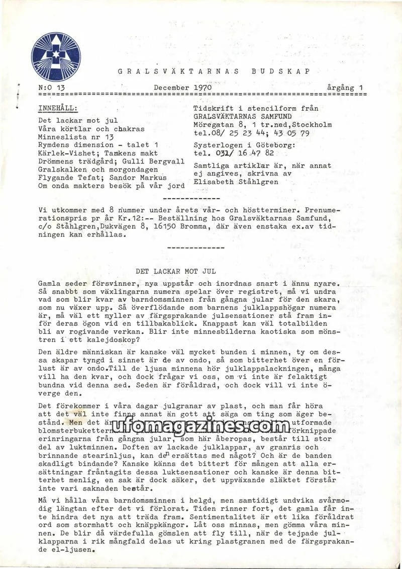 Cover of Gralsvaktarnas budskap issue 13: GRALSVÄKTARNAS BUDSKAP