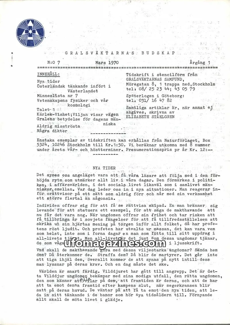 Cover of Gralsvaktarnas budskap issue 7: GRALSVÄKTARNAS BUDSKAP