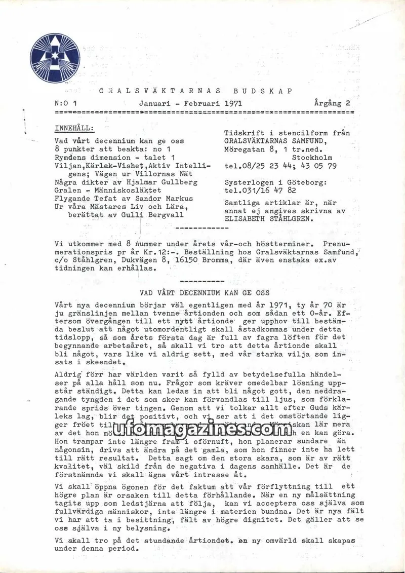 Cover of Gralsvaktarnas budskap issue 1: Gralsvaktarnas Budskap