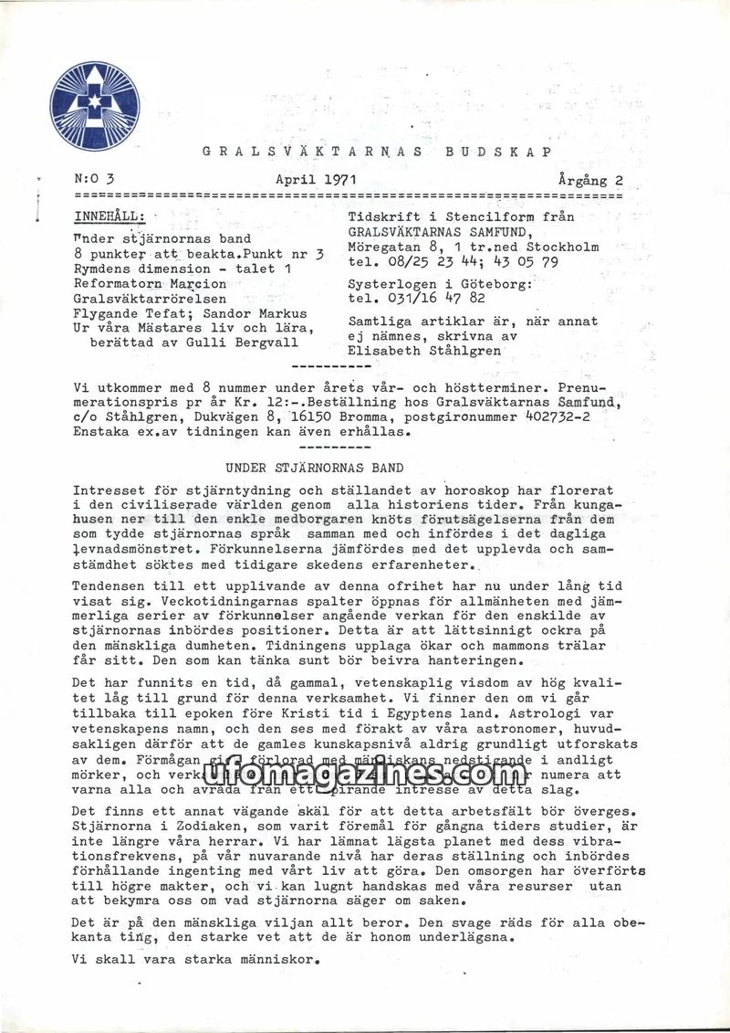 Cover of Gralsvaktarnas budskap issue 3: GRALSVÄKTARNAS BUDSKAP