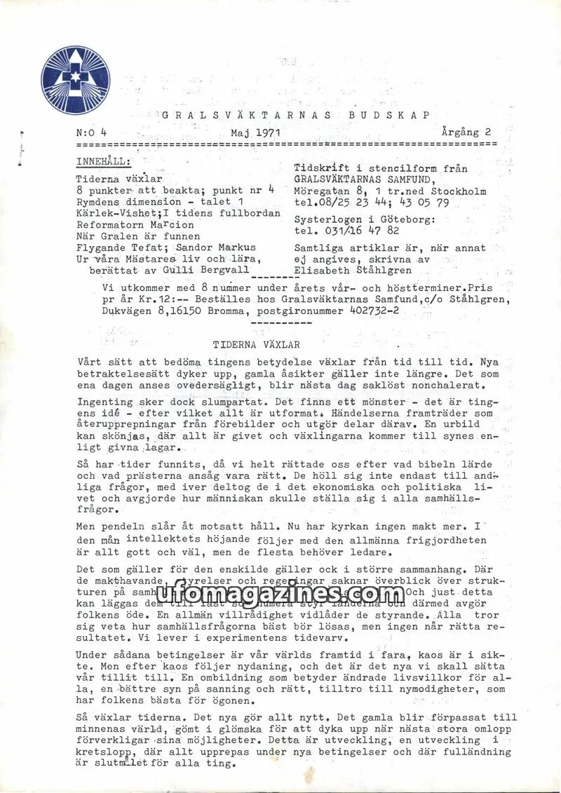 Cover of Gralsvaktarnas budskap issue 4: GRALSVÄKTARNAS BUDSKAP