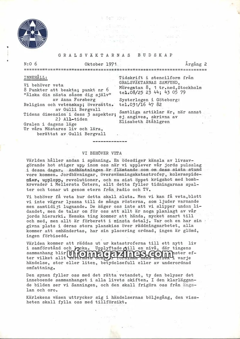 Cover of Gralsvaktarnas budskap issue 6: GRALVÄKTARNAS BUDSKAP