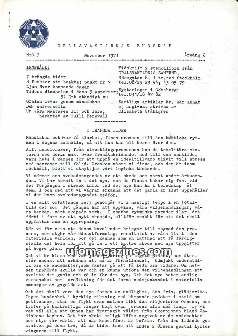 Cover of Gralsvaktarnas budskap issue 7: GRALSVÄKTARNAS BUDSKAP