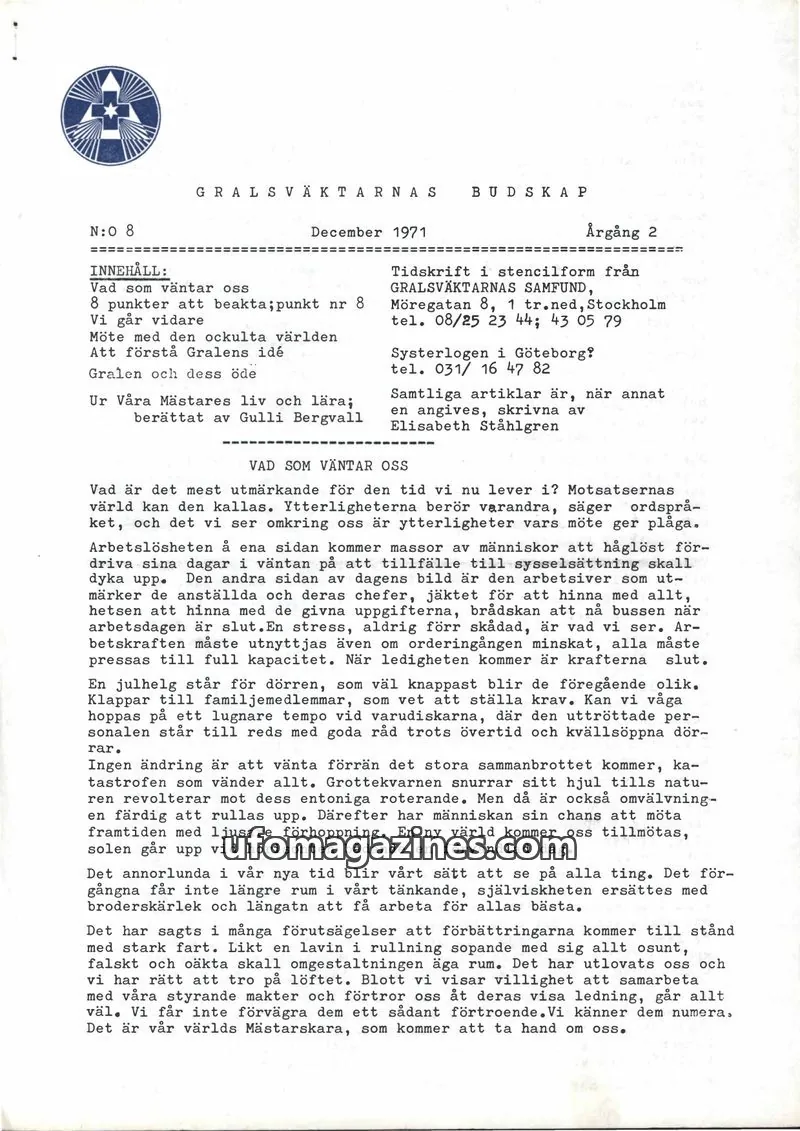 Cover of Gralsvaktarnas budskap issue 8: GRALSVÄKTARNAS BUDSKAP