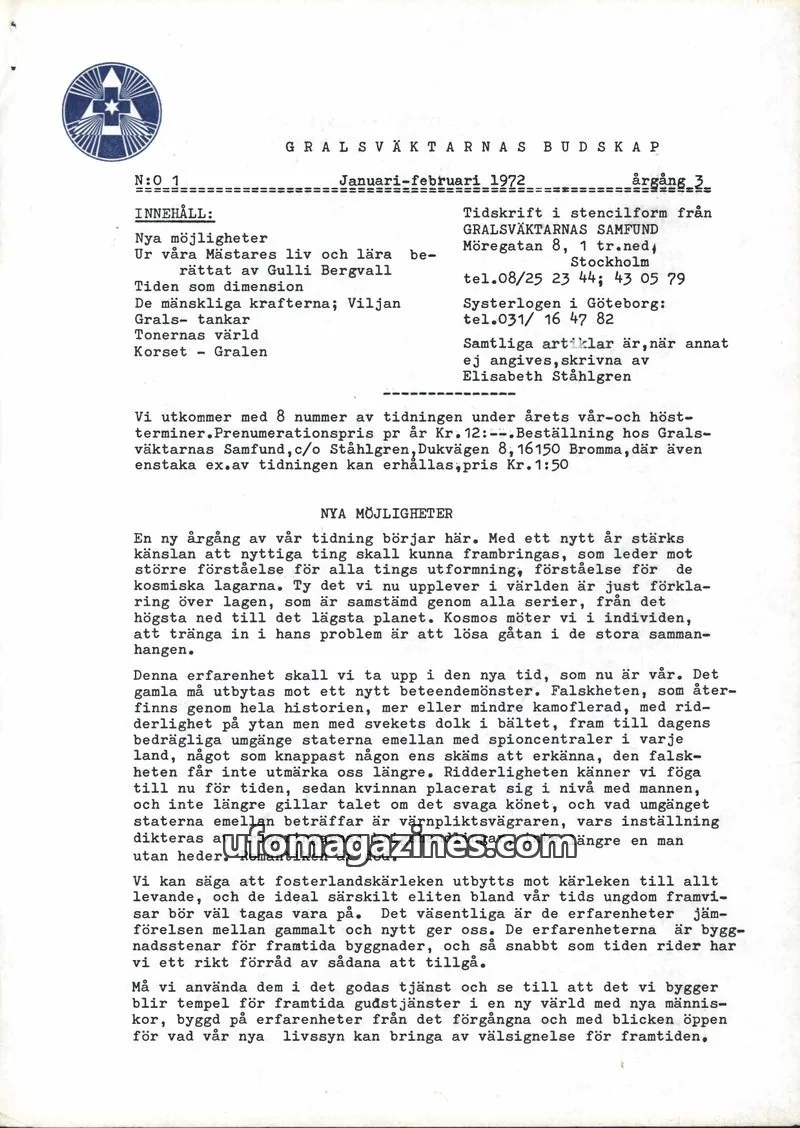 Cover of Gralsvaktarnas budskap issue 1: GRALSVÄKTARNAS BUDSKAP