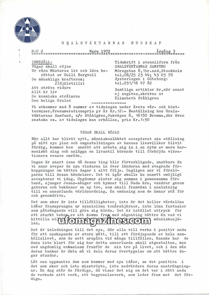 Cover of Gralsvaktarnas budskap issue 2: GRALSVÄKTARNAS BUDSKAP