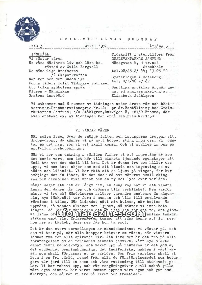 Cover of Gralsvaktarnas budskap issue 3: GRALSVÄKTARNAS BUDSKAP