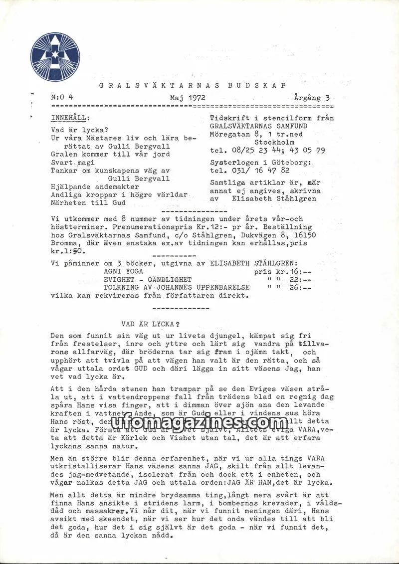 Cover of Gralsvaktarnas budskap issue 4: GRALSVÄKTARNAS BUDSKAP