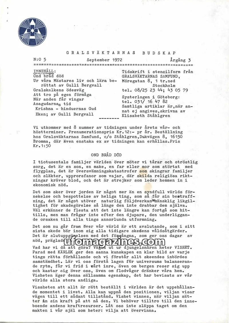 Cover of Gralsvaktarnas budskap issue 5: GRALSVÄKTARNAS BUDSKAP