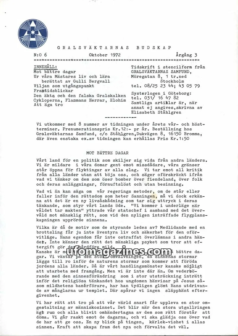 Cover of Gralsvaktarnas budskap issue 6: GRALSVÄKTARNAS BUDSKAP