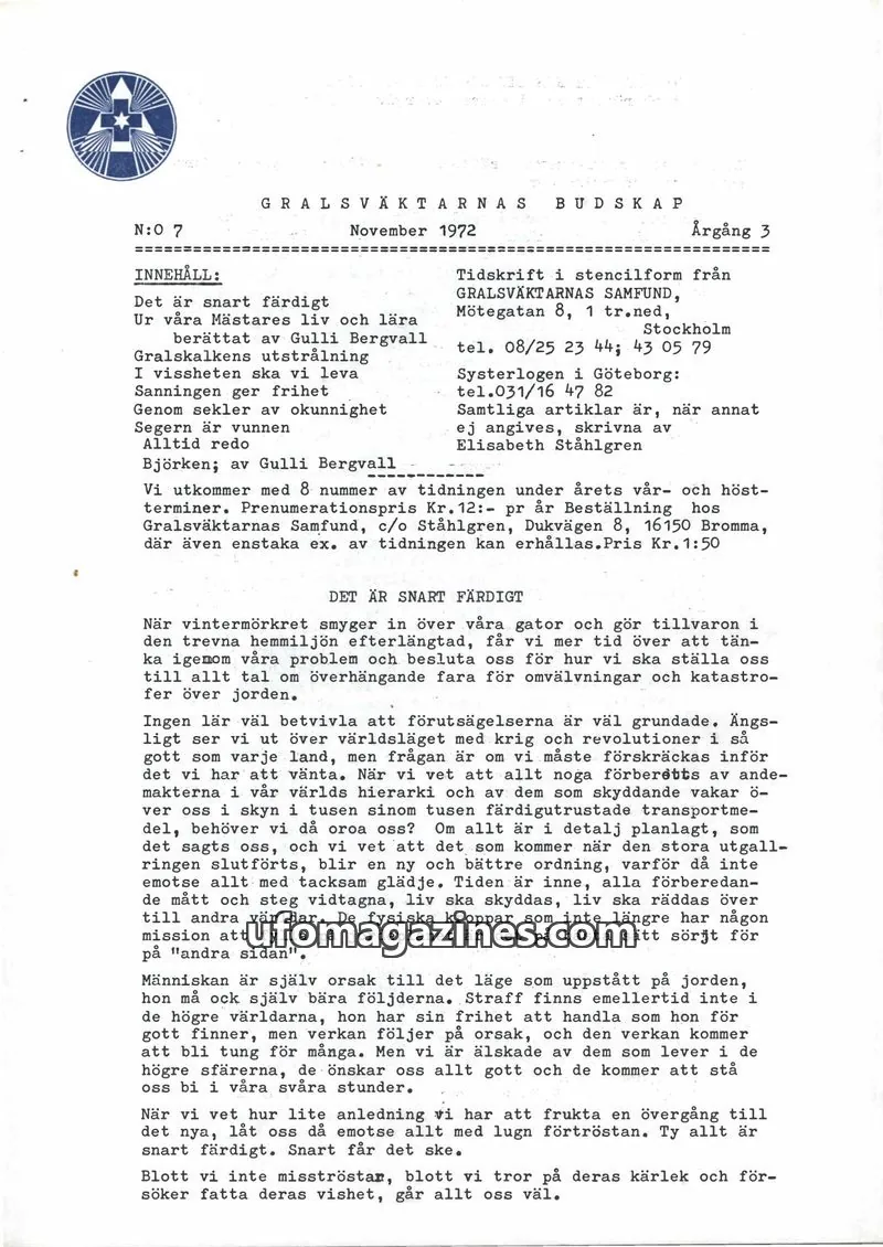 Cover of Gralsvaktarnas budskap issue 7: GRALSKÄKTARNAS BUDSKAP