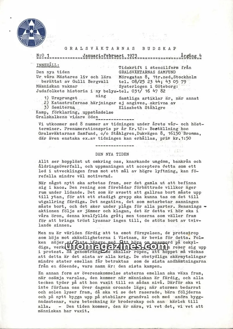 Cover of Gralsvaktarnas budskap issue 1: GRALSVÄKTARNAS BUDSKAP