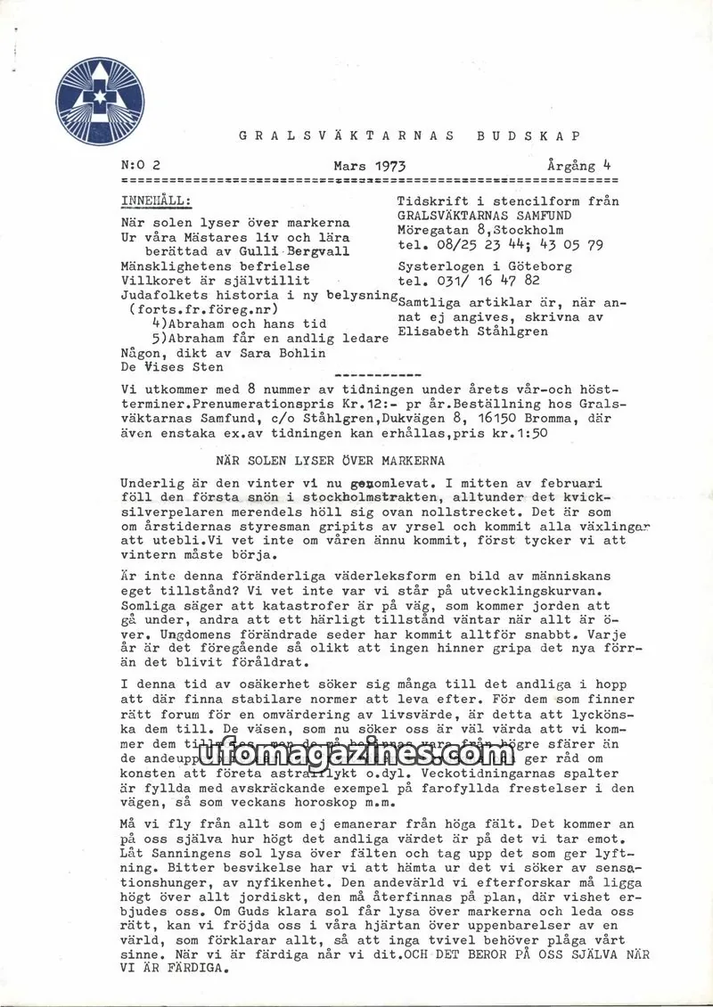 Cover of Gralsvaktarnas budskap issue 2: GRALSVÄKTARNAS BUDSKAP