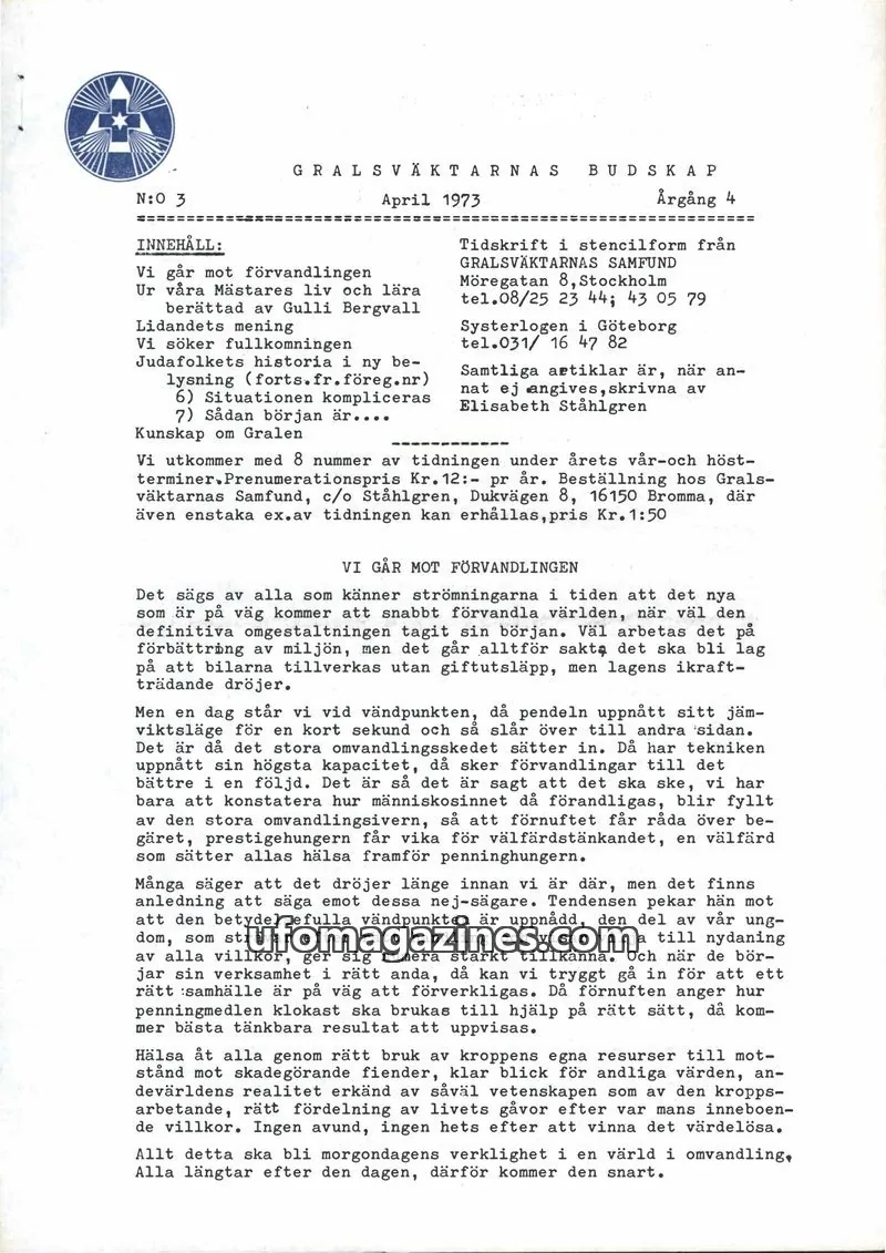 Cover of Gralsvaktarnas budskap issue 3: GRALSVÄKTARNAS BUDSKAP