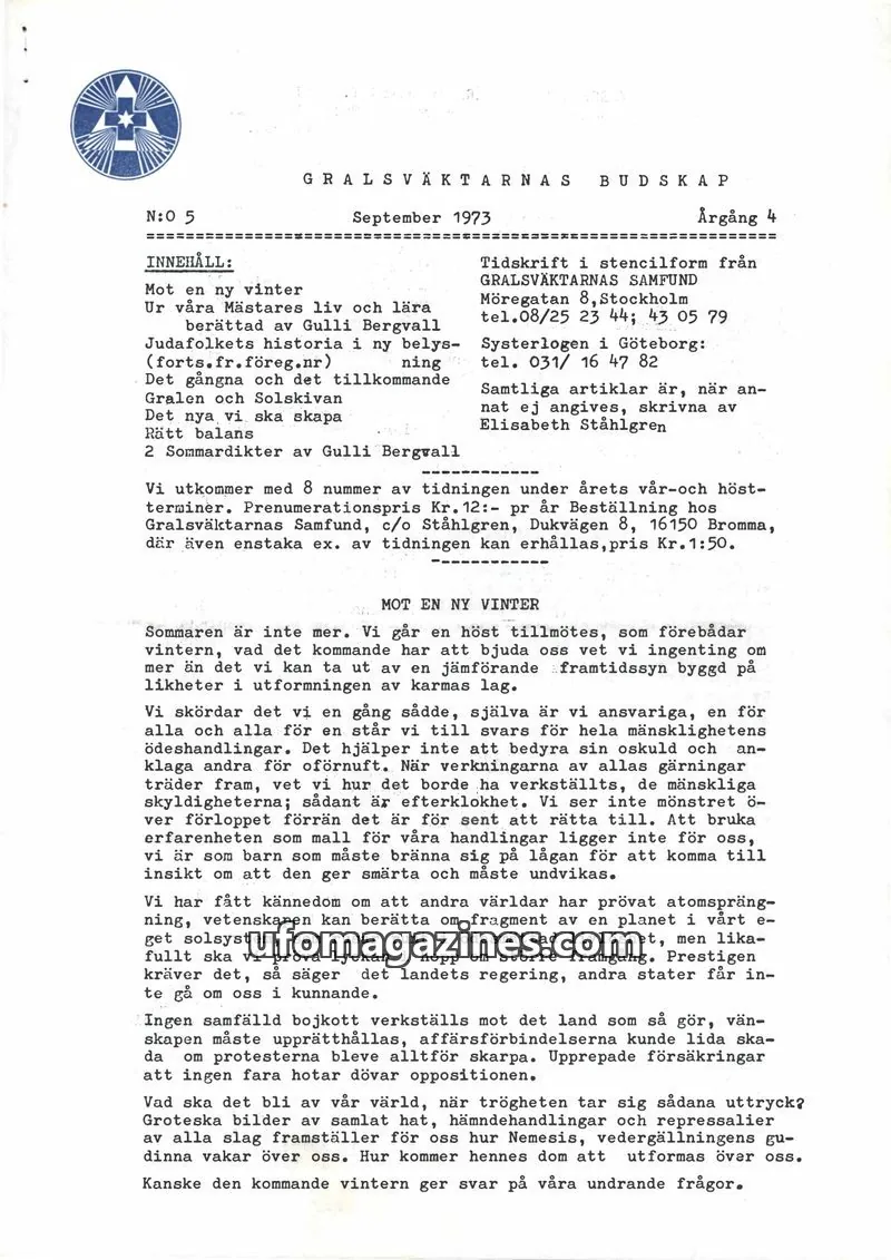 Cover of Gralsvaktarnas budskap issue 5: GRALSVÄKTARNAS BUDSKAP