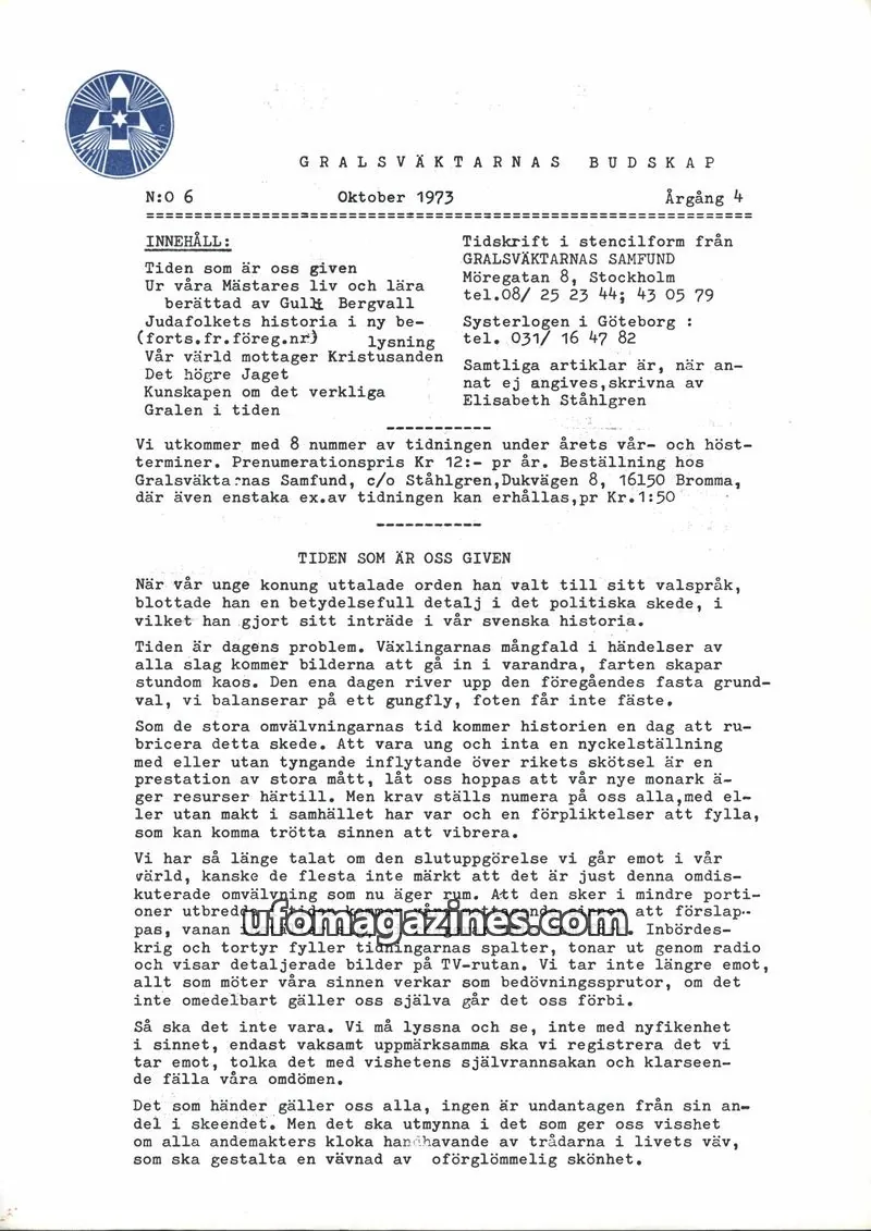 Cover of Gralsvaktarnas budskap issue 6: GRALSVÄKTARNAS BUDSKAP