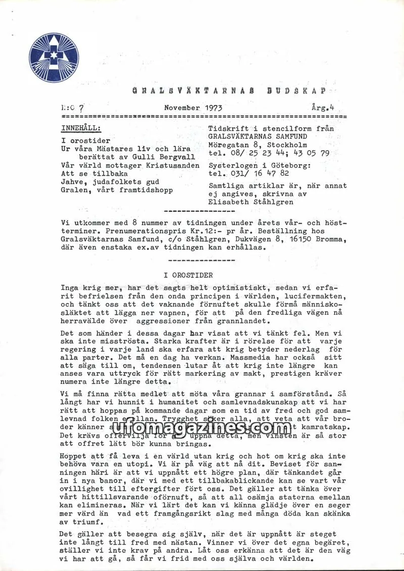 Cover of Gralsvaktarnas budskap issue 7: GRALSVÄKTARNAS BUDSKAP