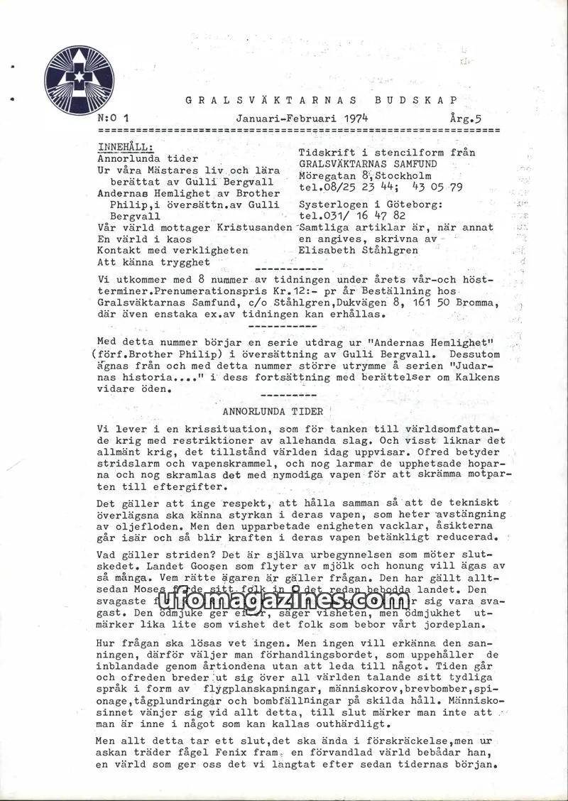 Cover of Gralsvaktarnas budskap issue 1: GRALSVÄKTARNAS BUDSKAP