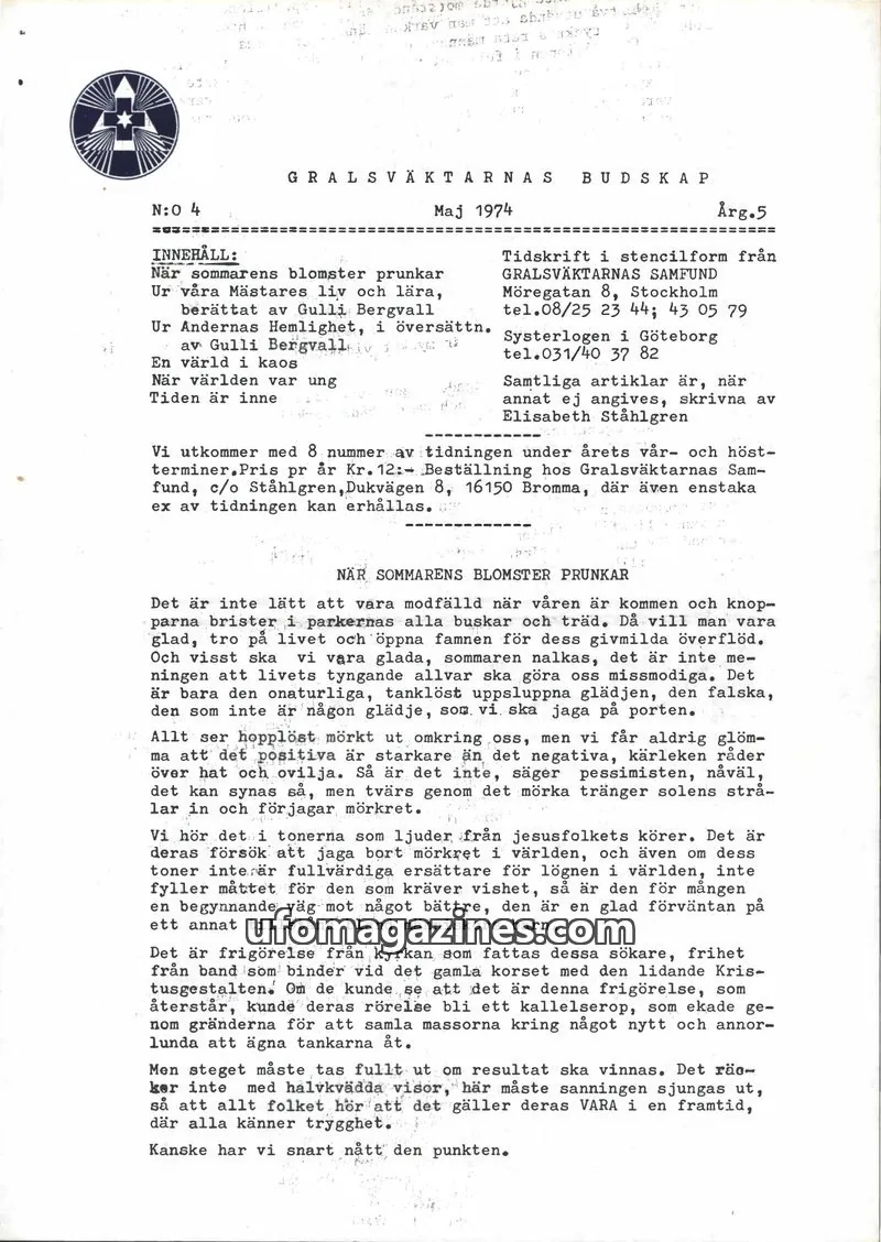 Cover of Gralsvaktarnas budskap issue 4: GRALSVÄKTARNAS BUDSKAP