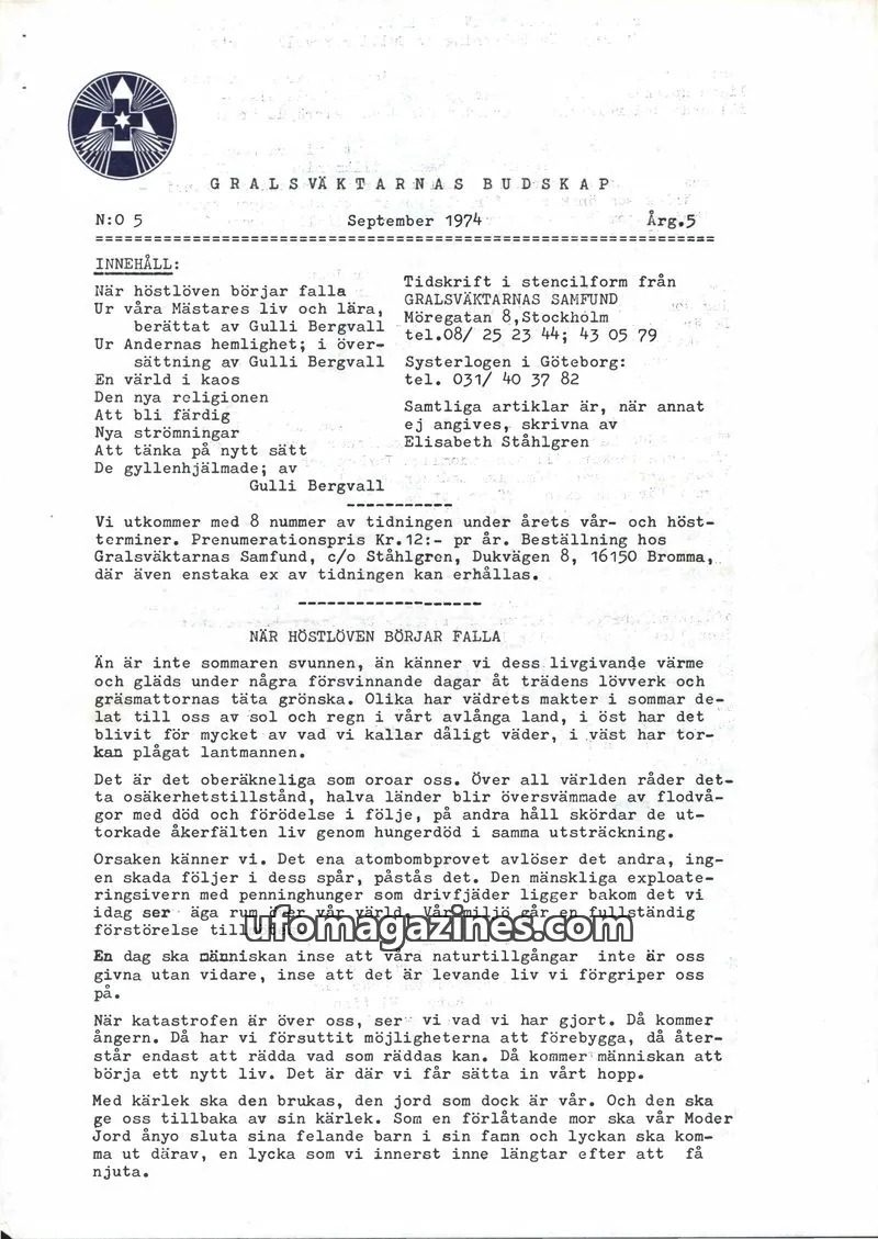 Cover of Gralsvaktarnas budskap issue 5: GRALSVÄKTARNAS BUDSKAP