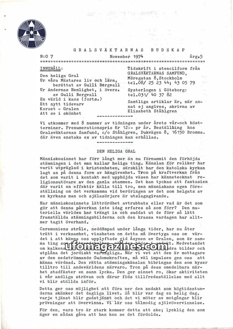 Cover of Gralsvaktarnas budskap issue 7: GRALSVÄKTARNAS BUDSKAP