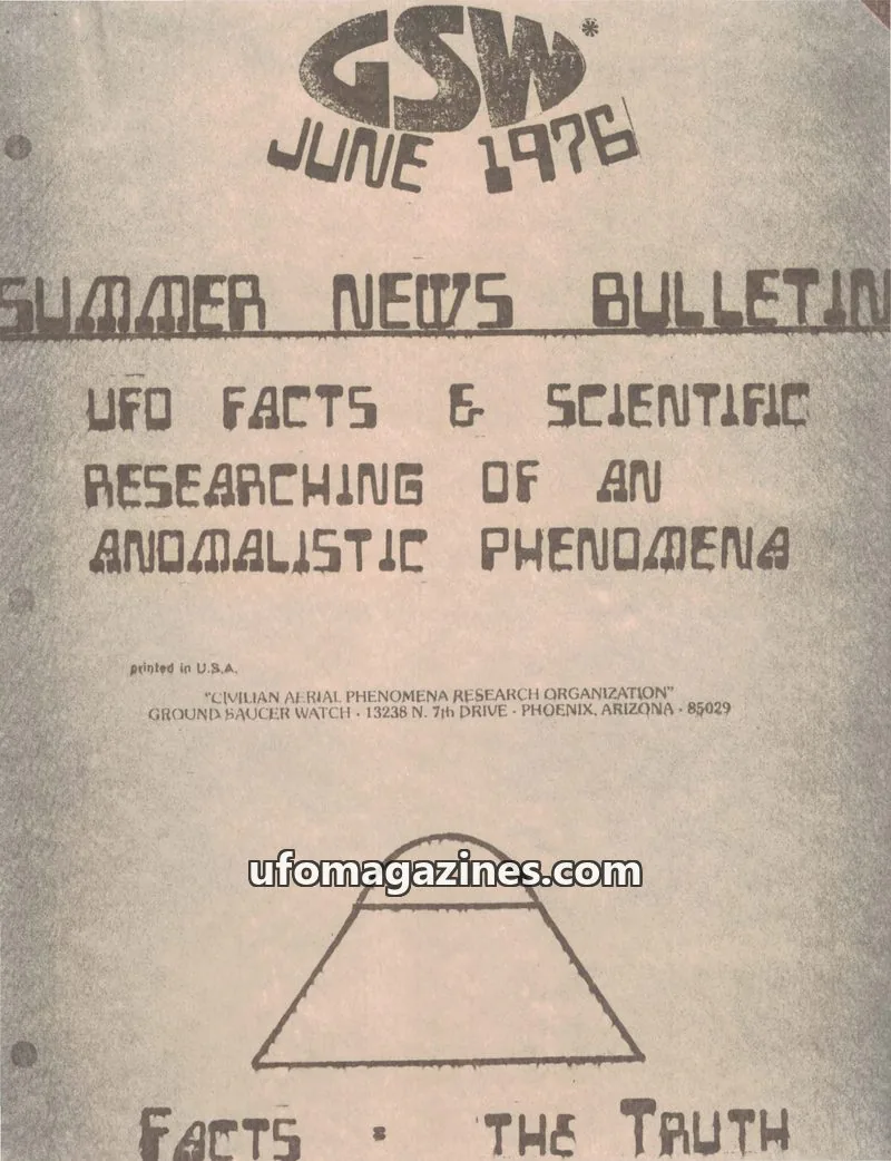 Cover of Ground Saucer Watch Bulletin (Bill Spaulding) issue JUNE 1976: SUMMER NEWS BULLETIN