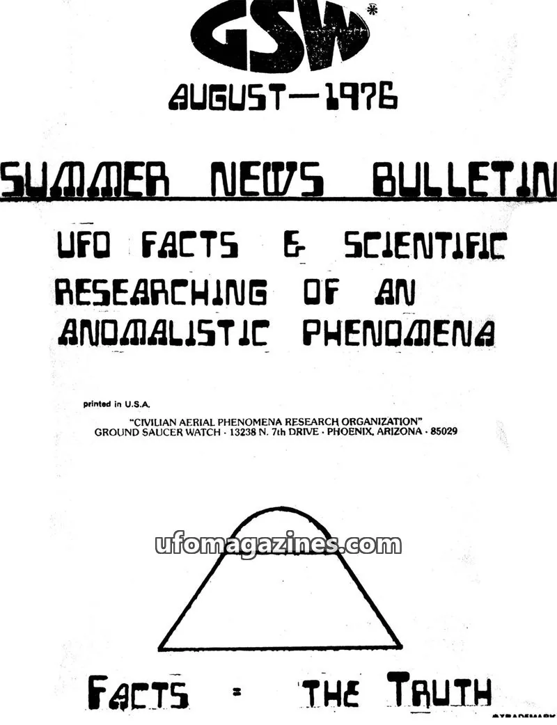Cover of CIVILIAN AERIAL PHENOMENA RESEARCH ORGANIZATION issue AUGUST-1976: SUMMER NEWS BULLETIN