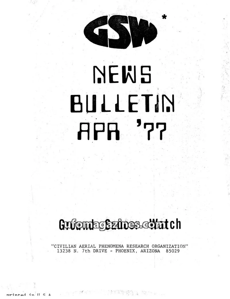 Cover of Ground Saucer Watch Bulletin (Bill Spaulding) issue APR '77: GSW NEWS BULLETIN