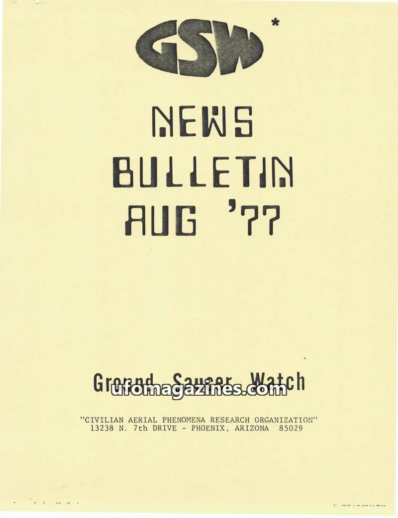Cover of Ground Saucer Watch Bulletin (Bill Spaulding) issue August 1977: GSW NEWS BULLETIN