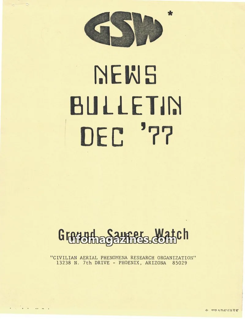 Cover of Ground Saucer Watch Bulletin (Bill Spaulding) issue DEC '77: GSW NEWS BULLETIN