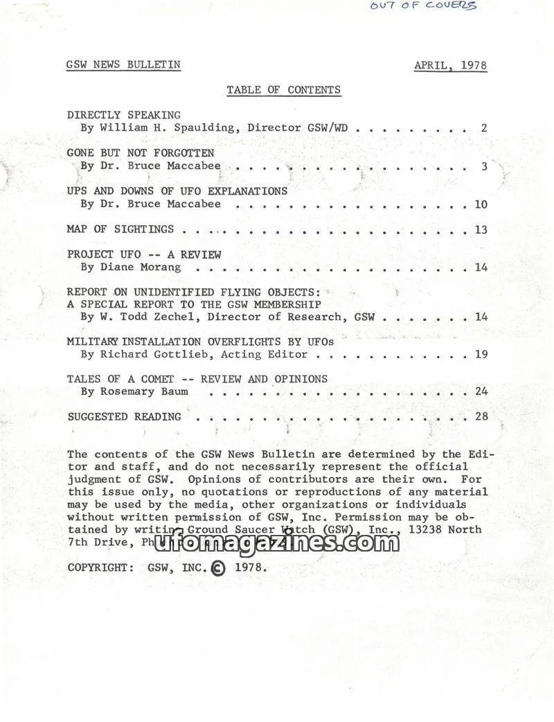 Cover of Ground Saucer Watch Bulletin (Bill Spaulding) issue APRIL: GSW NEWS BULLETIN